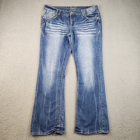 Vanity Denim - Y2K Vanity Jeans Womens 31x33 Blue Flared Low Rise Whiskered Fleur De Lis Pocket